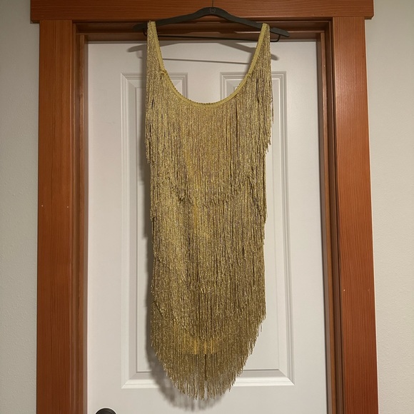 PrettyTina Solid Colour Rocking Tassel Backless Mini Dress in GOLD - Picture 3 of 7